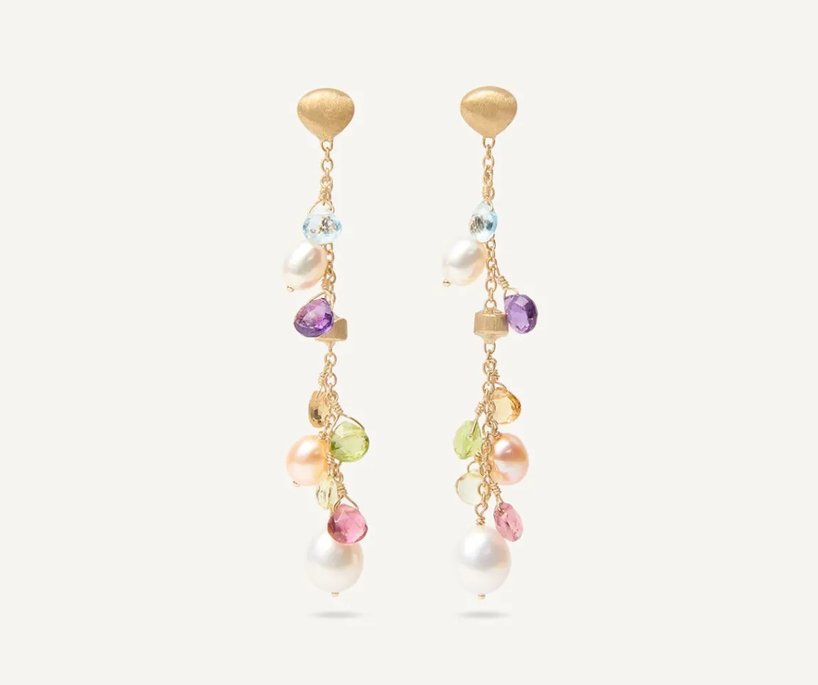 Marco Bicego Earrings|18Kt Yellow Gold Pearls And Gemstones Long Drop Earrings