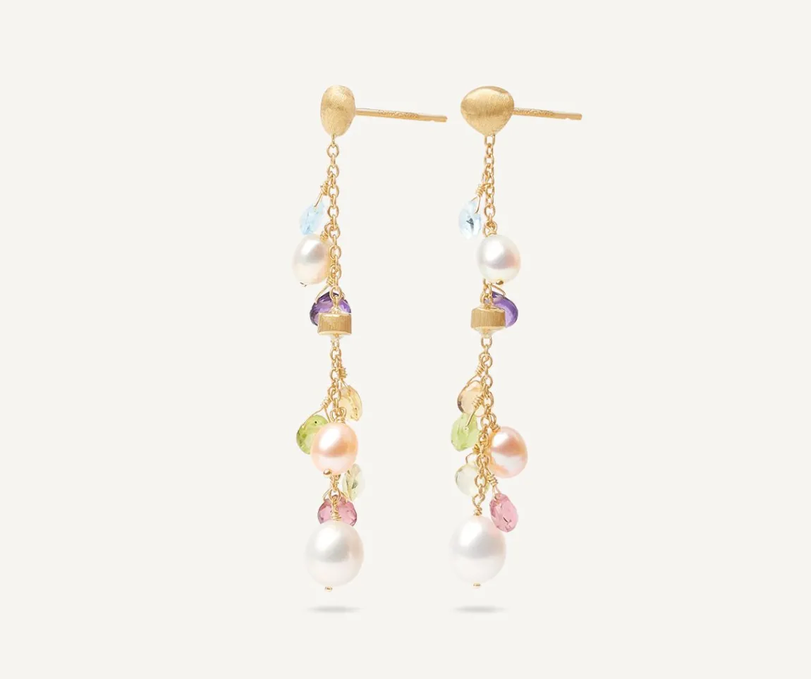 Marco Bicego Earrings|18Kt Yellow Gold Pearls And Gemstones Long Drop Earrings