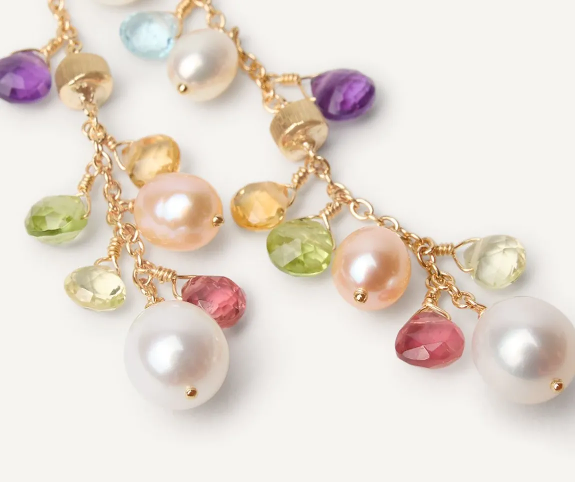 Marco Bicego Earrings|18Kt Yellow Gold Pearls And Gemstones Long Drop Earrings