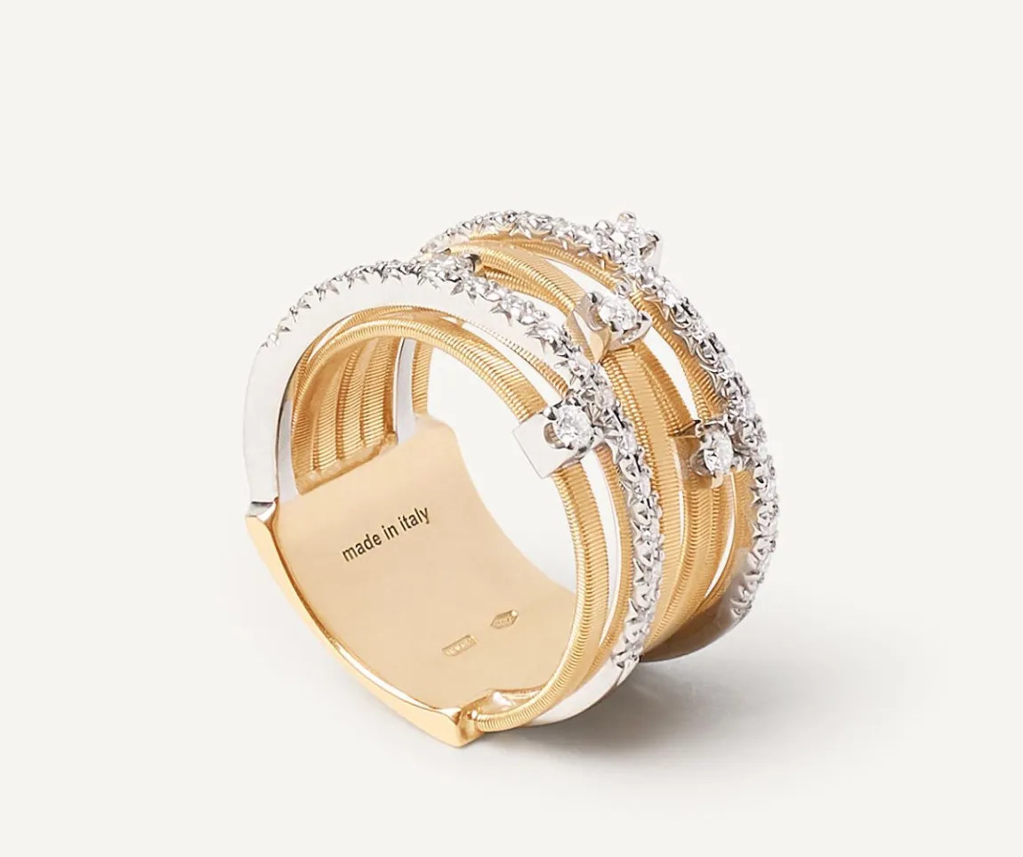 Marco Bicego Rings|Seven-Band Yellow Gold Ring With Prong-Set Diamonds And Diamond-Studded Plaques