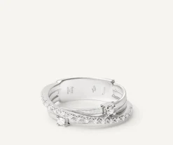 Marco Bicego Rings|Three-Band White Gold Ring With Prong-Set Diamonds And A Diamond-Studded Plaque