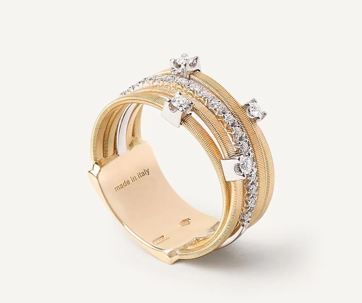 Marco Bicego Five-Band Yellow Gold Ring With Prong-Set Diamonds And A Diamond-Studded Plaque | Rings