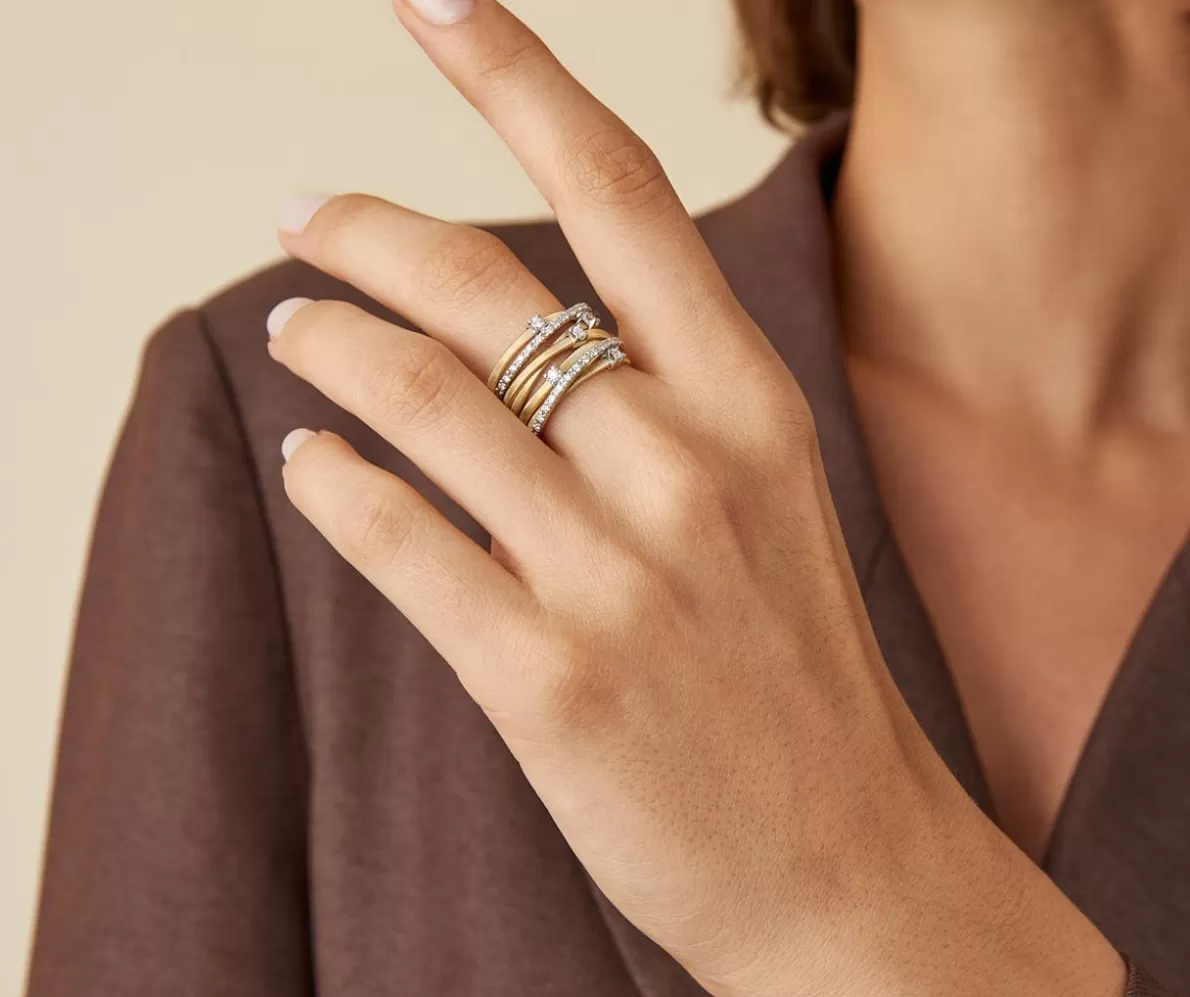 Marco Bicego Seven-Band Yellow Gold Ring With Prong-Set Diamonds And Diamond-Studded Plaques | Rings